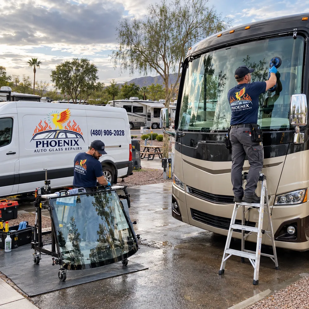 Phoenix Auto Glass Repairs technicians replacing a motorhome windshield at an RV park