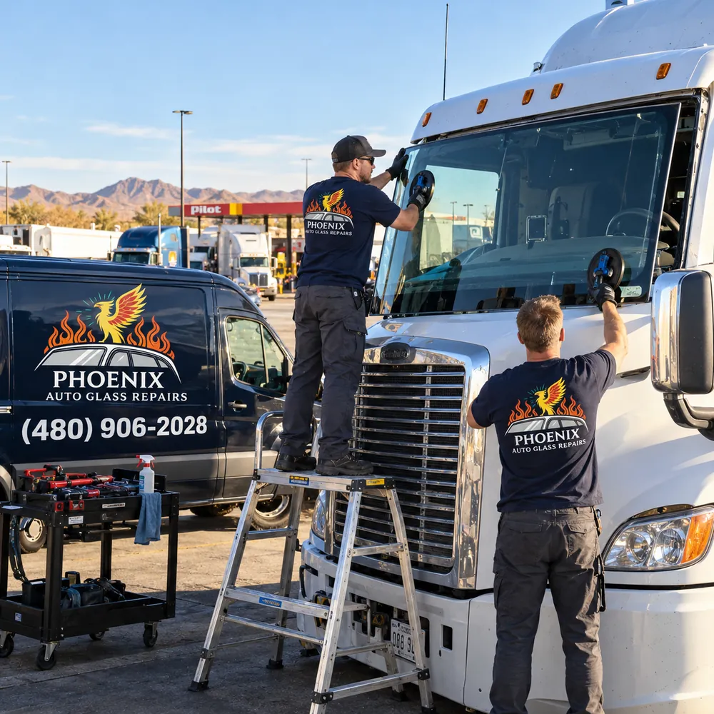 Phoenix Auto Glass Repairs technicians installing a semi-truck windshield on site